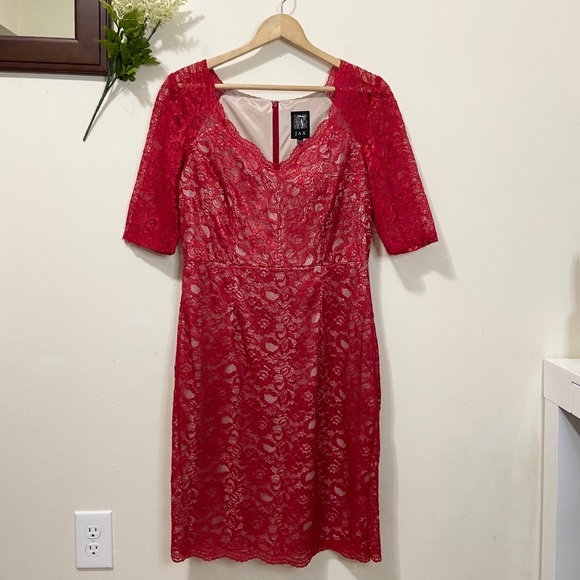 SOLD-----------Jax Women's Size 12 Red Lace Lined Knee Length Dress - Picture 2 of 14
